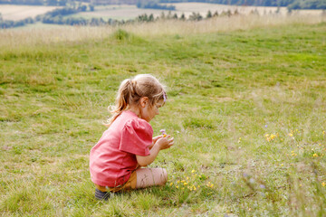 Fototapeta premium Little preschool girl running and walking through meadow with blooming field flowers, with view on hills and mountains. Happy toddler child having fun, outdoors family activity, hiking on summer day.