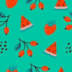 Seamless pattern with slices of watermelon, strawberries and wild berries. Cartoon on a green background. Endless print with fruity texture. Fabric design, wallpaper. Vector, flat style.
