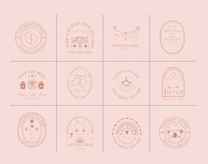 Collection of Baby logotype template with cute elements, toys, clothes, animals, moon, sun, stars, rainbow. Bohemian kids illustration. Editable vector illustration.