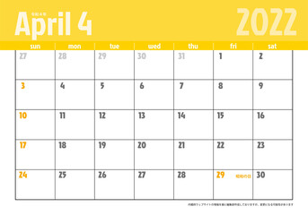 令和4年2022年カレンダー素材イラスト　テンプレートデータ｜4月 ベクターデータ