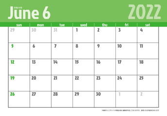 令和4年2022年カレンダー素材イラスト　テンプレートデータ｜6月 ベクターデータ