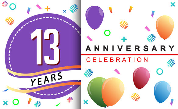 13th years anniversary celebration with colorful balloons and confetti, design for greeting card birthday celebration