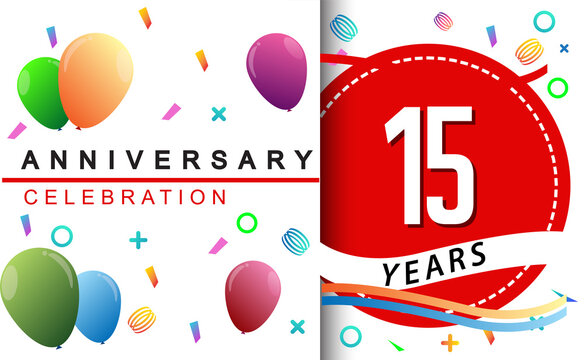 15th years anniversary celebration with colorful balloons and confetti, design for greeting card birthday celebration