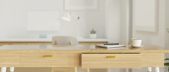 Modern office room with wooden table and office supplies