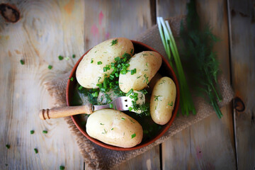 Boiled young potatoes with herbs and butter in a bowl.