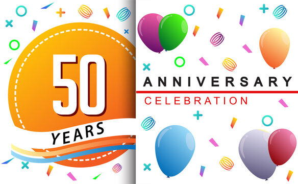 50th years anniversary celebration with colorful balloons and confetti, design for greeting card birthday celebration
