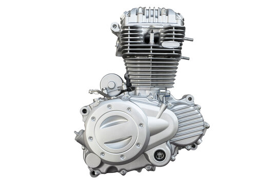Motorcycle engine isolated on white background. Air cooled internal combustion engine for motorcycle, snowmobile or ATV.  Silver engine close up. Isolated engine, Spare parts