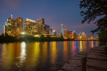 Downtown Skyline of Austin, Texas in USA from view at sunset. Night sunset city.