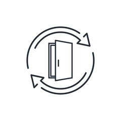 Open door and arrows share new opportunities, knowledge. Vector linear icon isolated on white background.