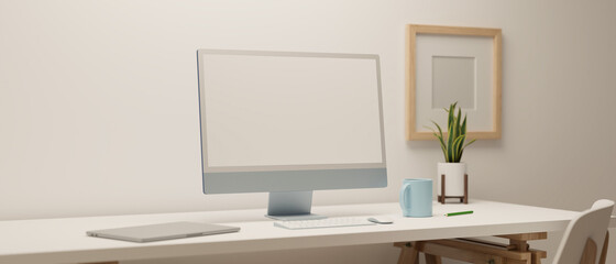 Cozy working space design with computer monitor mock-up with decorations in white room