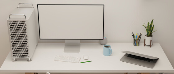 Modern all white working space with desktop computer mock-up