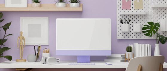 Work space in purple wallpaper design with desktop computer, decoration stuff and copy space