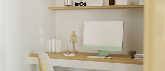 Computer with blank screen monitor in cozy Japanese working space designed
