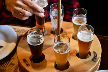 Female hand takes glass of craft beer in pub to make toast cheers. Drinking various types of craft beer including stout, lager, ale, pilsner and weiss. People enjoying beer