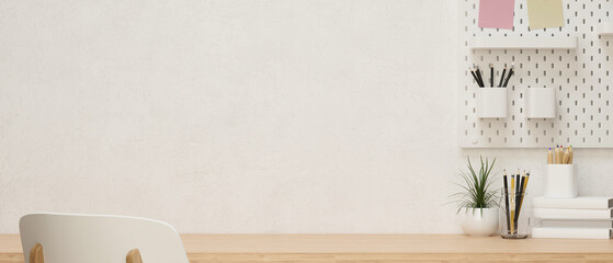 Copy space for product display on ash modern wood table with room decorations and white wallpaper