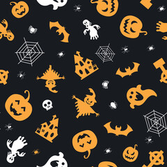 Seamless vector pattern for Halloween design. Halloween symbols: ghost, bat, pumpkin in cartoon style. Vector Illustration