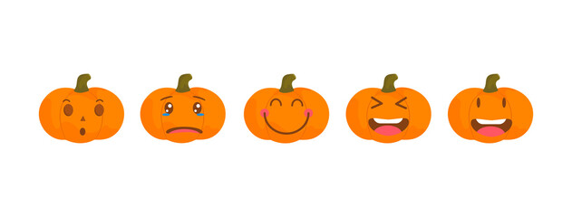 Vector emoji pumpkin halloween collection with different reactions for social media. Cute flat face isolated on white background. Modern emoticons