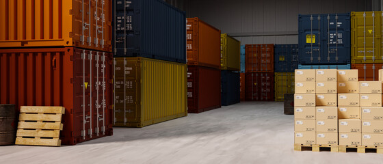 Container warehouse for import and export business, logistic company, industrial container cargo - obrazy, fototapety, plakaty