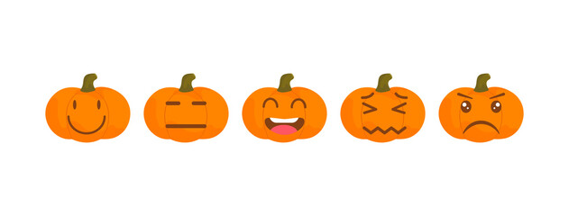 Vector emoji pumpkin halloween collection with different reactions for social media. Cute flat face isolated on white background. Modern emoticons