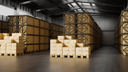 Standard warehouse interior with 4 pallet and full of cargo, logistic business