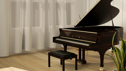 Grand piano in modern living room with light oak floor, curtain and plant, musical instrument