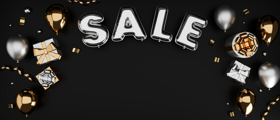 Sale banner in luxury concept with balloons, gift boxes and decorations in gold-silver tone, copy space for advertising