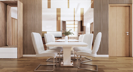 Dining room contemporary style with mirror decorate wall. 3D illustration
