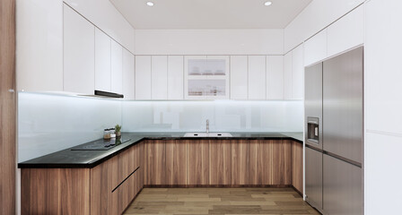 Modern Kitchen interior,with wooden cabinet, top table granite black. 3D illustration