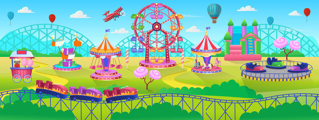 Fototapeta na wymiar Theme Park scene with electric cars, ferris wheel, carrousel, trampoline. Amusement park. Vector illustration for children.