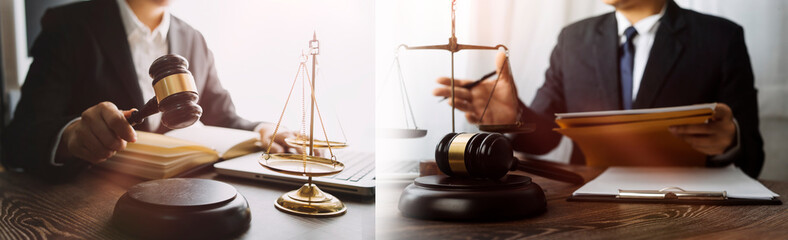 Business and lawyers discussing contract papers with brass scale on desk in office. Law, legal...