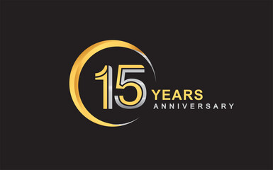15th years anniversary golden and silver color with circle ring isolated on black background for anniversary celebration event