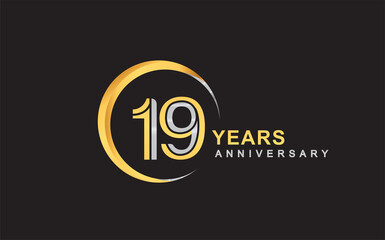 19th years anniversary golden and silver color with circle ring isolated on black background for anniversary celebration event