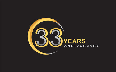 33rd years anniversary golden and silver color with circle ring isolated on black background for anniversary celebration event