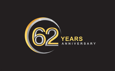 62nd years anniversary golden and silver color with circle ring isolated on black background for anniversary celebration event