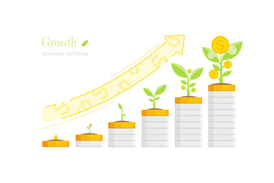 Growth of trees money on a gold and silver with arrow soaring up for the success concept. About business and investment. Vector illustration