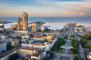 Aerial landscape of the harbor in Gdynia with modern architecture at sunset. Poland