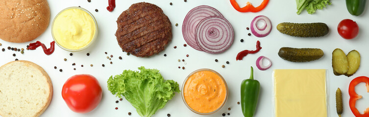 Concept of cooking burger on white background, top view