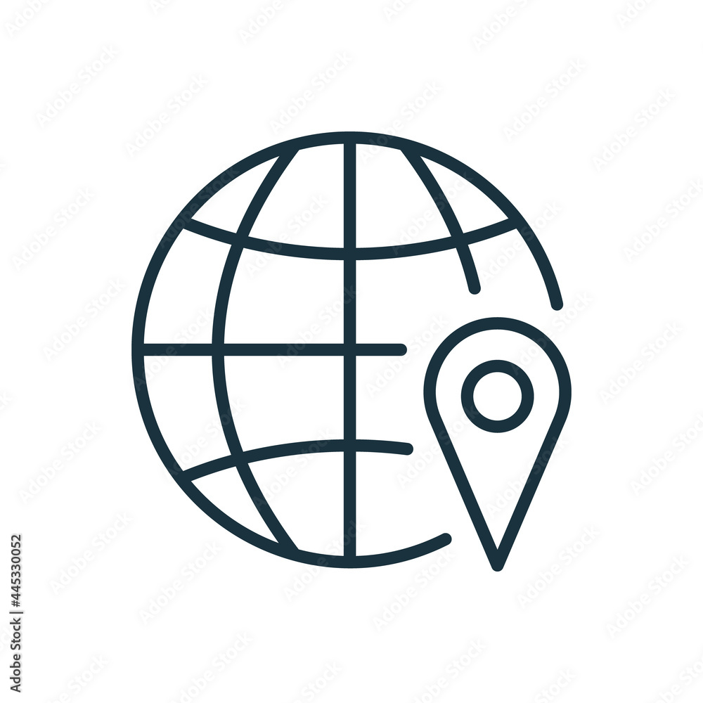 Poster planet earth with location pin linear icon. global gps navigation icon. travel marker and grid of pl