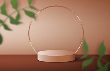 Cosmetic brown background minimal and premium podium display for product presentation branding and packaging presentation. studio stage with shadow of leaf background. 3D illustration design