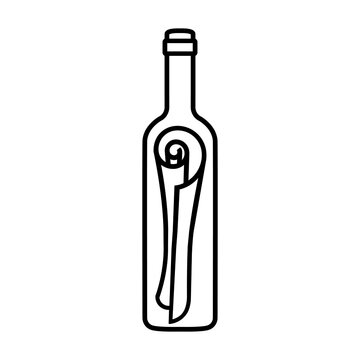 Line icon of message in bottle. Scroll of paper in sealed wine bottle. Vector Illustration