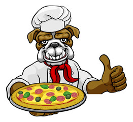 Bulldog Pizza Chef Cartoon Restaurant Mascot Sign