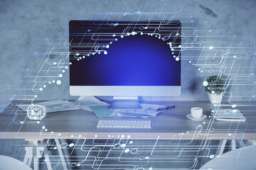 Multi exposure of data theme drawing and office interior background. Concept of technology.