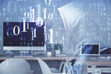 Multi exposure of data theme drawing and office interior background. Concept of technology.