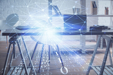 Multi exposure of data theme drawing and office interior background. Concept of technology.