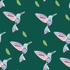 Seamless pattern of colored hummingbird on a green background