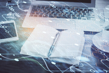 Multi exposure of data theme drawings and desk with open notebook background. Concept of education