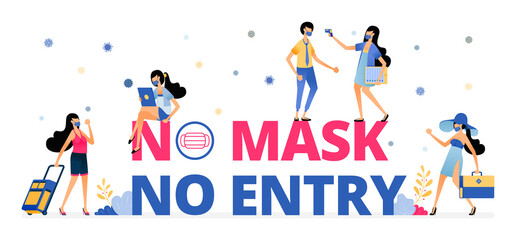 Vector illustration of mandatory warning sign to wear a mask while on vacation or traveling. Information of NO MASK NO ENTRY. Design can be for landing page, website, poster, mobile app, web, brochure