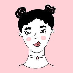 Simple vector portrait of beautiful young woman with black hair, two buns, wearing choker. Style of 2000s, y2k. Flat illustration. Every element is isolated on pink background.