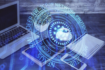 Double exposure of data theme drawing and mobile phone background. Concept of innovation