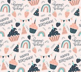 Celebratory seamless pattern with cupcakes, strawberry, party hats, rainbows, garland. Calligraphy of Happy Birthday. Cute vector illustration. Flat style. Concept for greeting card, wrapping paper.